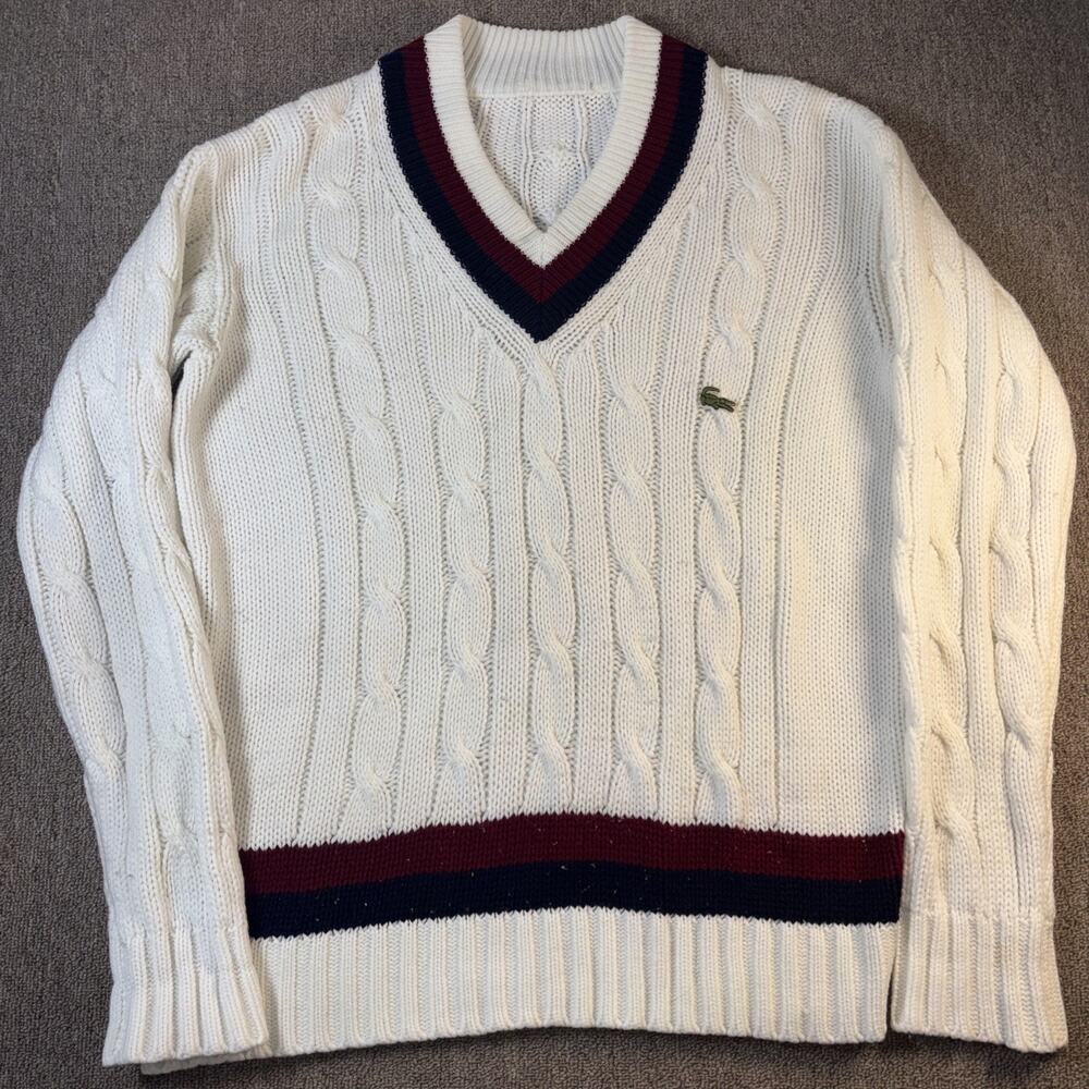 Vintage Lacoste Cable Knit Tennis Cricket Sweater V Neck White USA Mens L